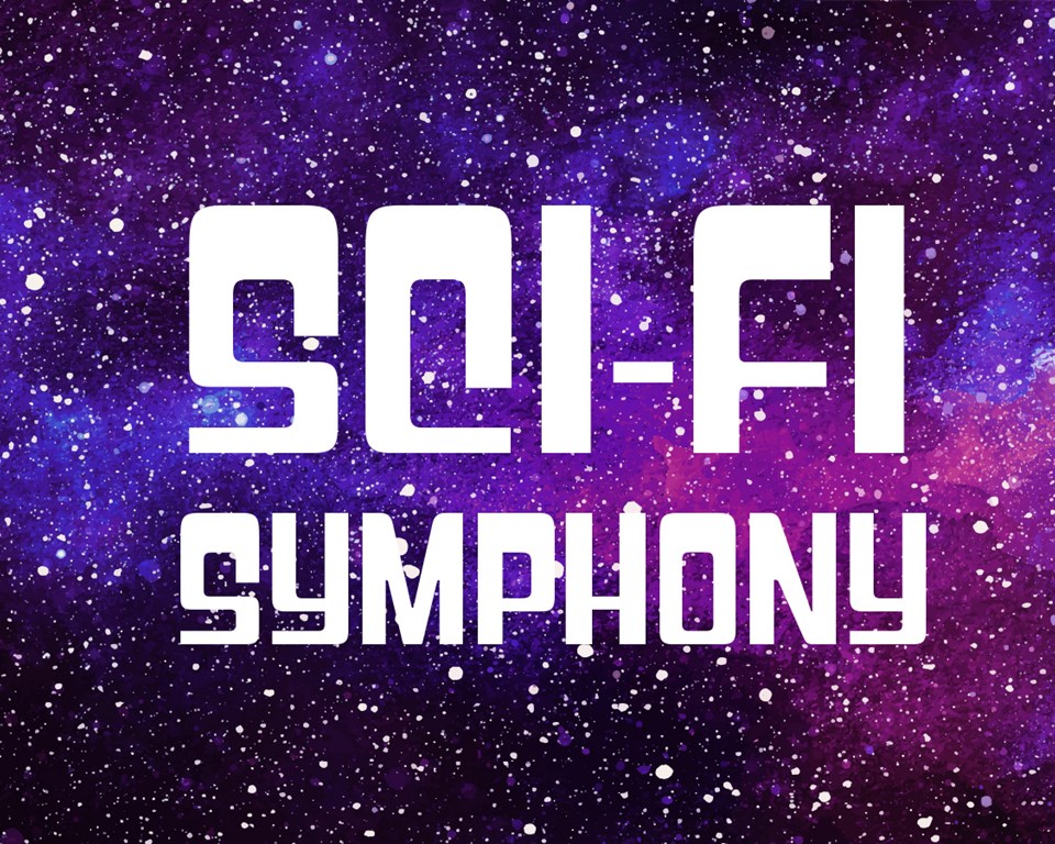 A galaxy background with word overlay for Sci-Fi Symphony