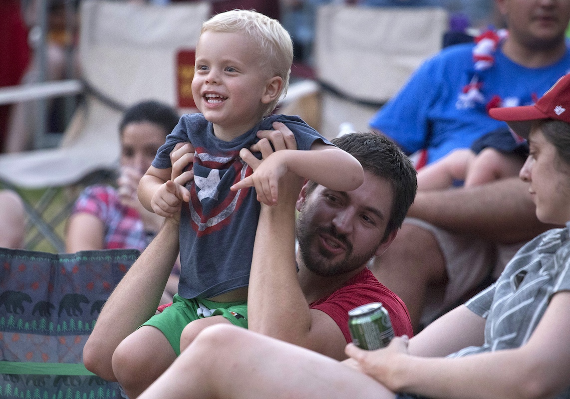 man with brown hair and facial hair holding up his smiling blonde boy at a patriotic picnic