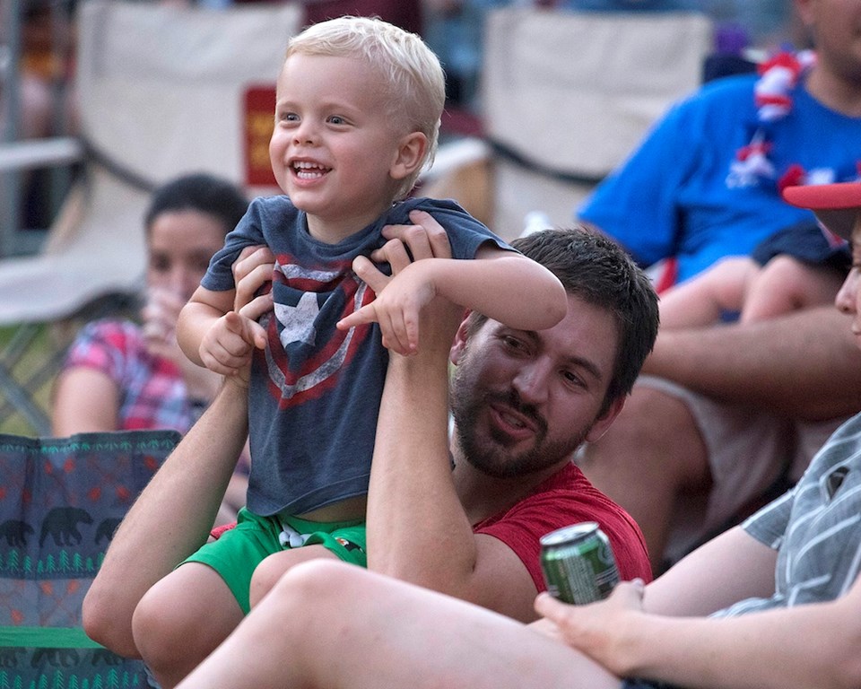 man with brown hair and facial hair holding up his smiling blonde boy at a patriotic picnic