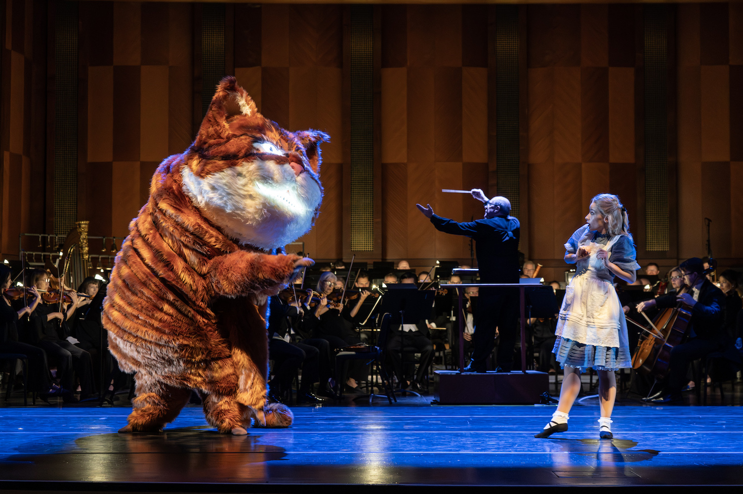 Large orange cat and dancer dressed like Alice in Wonderland on stage in front of orchestra